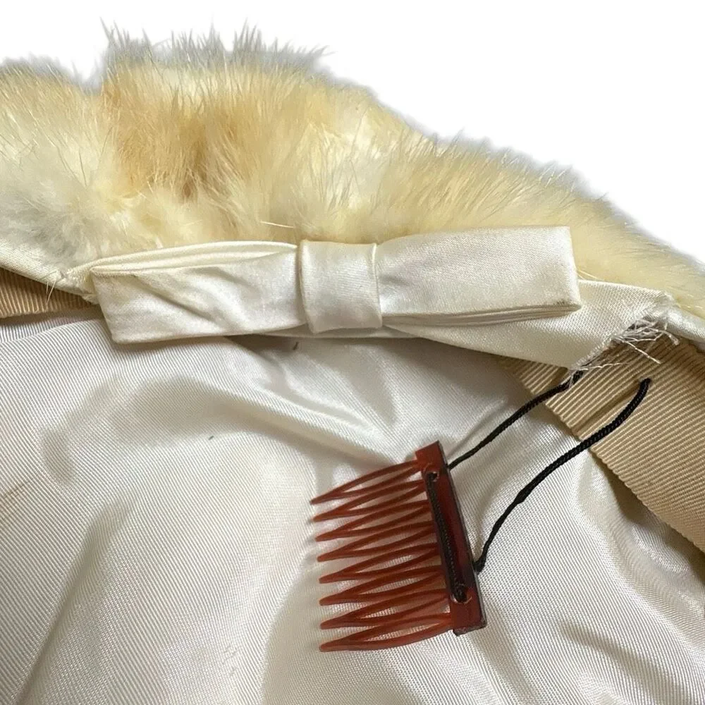 Lord & Taylor‎ Vtg Cream Fur Beret Hat w/Bow and Comb Ski Apres Winter Mod Chic